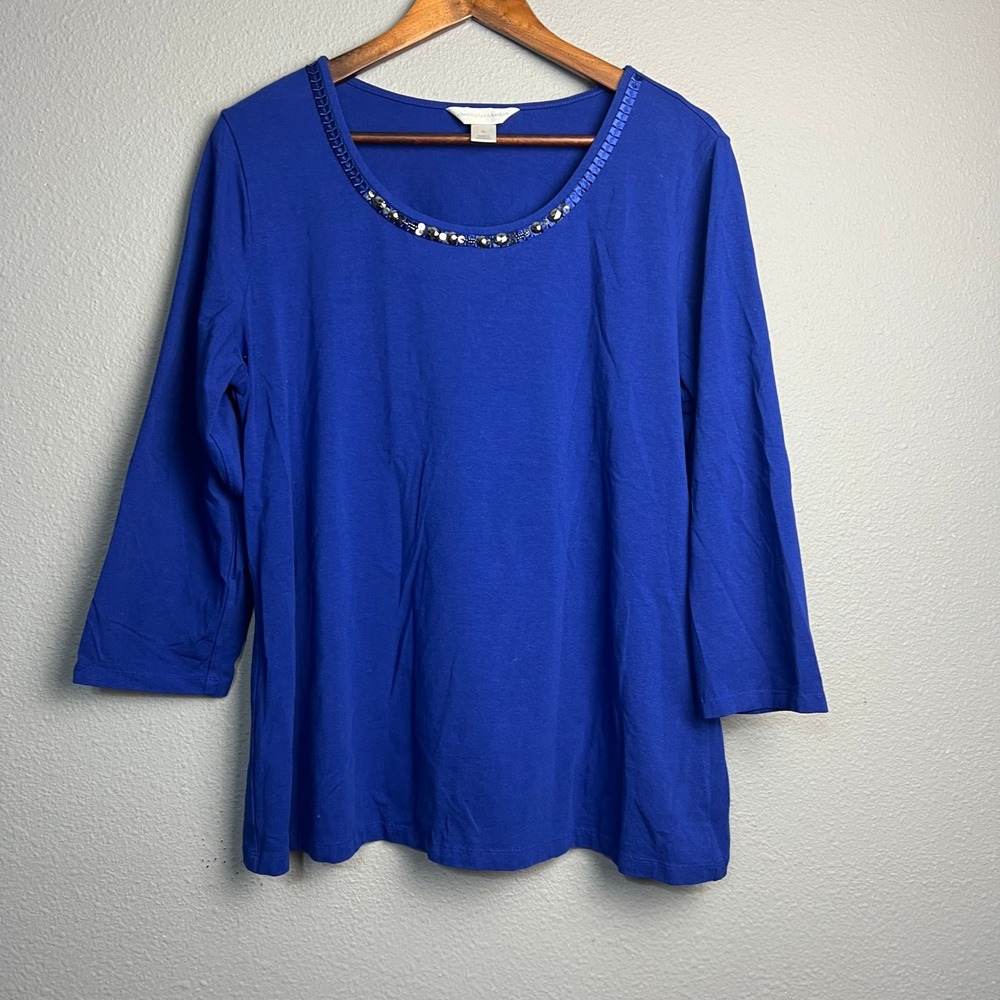 Christopher & Banks XL Royal Blue Embellished Neck‎ 3/4 SL Cotton Blend Knit Top